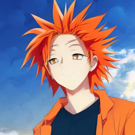 Image similar to orange - haired anime boy, 1 7 - year - old anime boy with wild spiky hair, wearing blue jacket, golden hour, partly cloudy sky, red clouds, orange sky, old town, strong lighting, strong shadows, vivid hues, ultra - realistic, sharp details, subsurface scattering, intricate details, hd anime, 2 0 1 9 anime