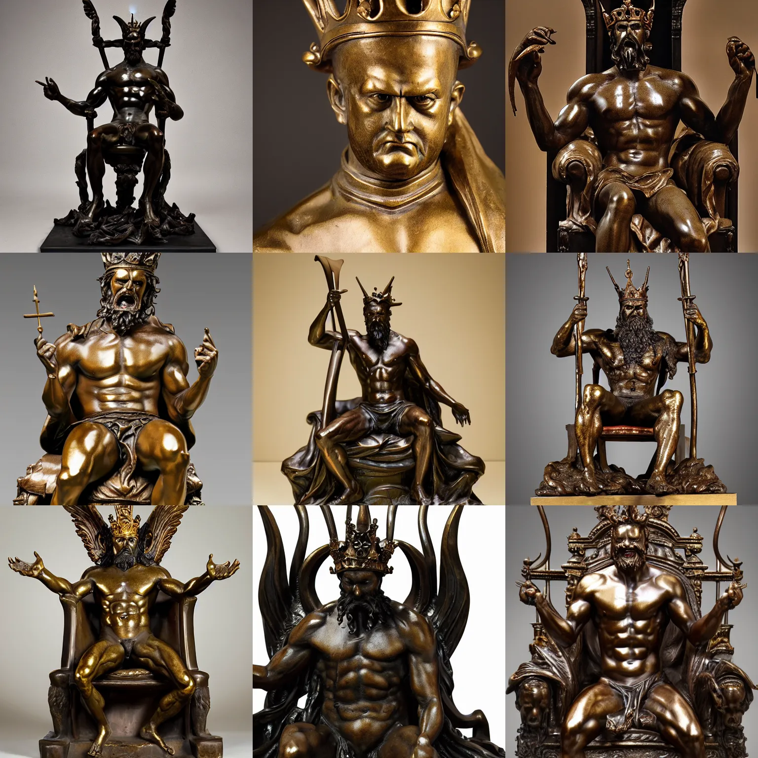 Prompt: bronze sculpture of the king of hell, neo - classical style, very detailed, masterful, sitting on a throne, professional photography, imposing and dominating