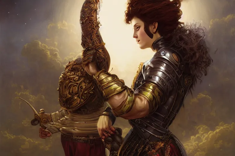 Image similar to a portrait of a female night guard in armor, thin lustrous auburn hair, in Ankh Mor-Pork from Discworld by Terry Pratchett, dreamy night, eternity, romantic, highly detailed, in the style of Tom Bagshaw and Franz Xaver Winterhalter, highly detailed