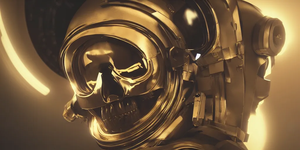 Prompt: skull in astronaut suit with gold linens, cinematic lighting, dramatic, octane render, long lens, depth of field, bokeh, anamorphic lens flare, 8k, hyper detailed