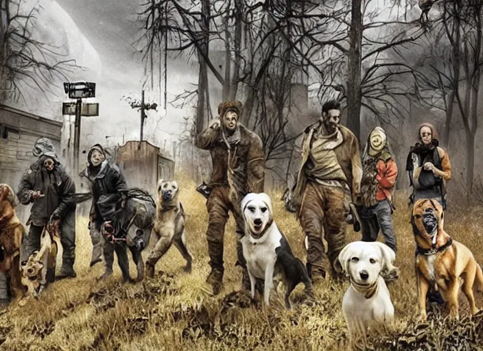 Prompt: A scene from a post-apocalyptic world where the only survivors are dogs