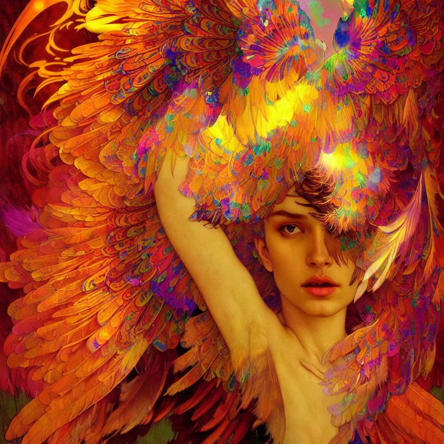 Image similar to face of innocent psychedelic transcendent feather mind bending psychedelic wings of glossy liquid honey flowing like kaleidoscopic translucent holograph, lsd feathers, feathery fluff, enlightenment, high contrast dappled lighting, refracted sunset, highly detailed, concept art, art by collier, albert aublet, krenz cushart, artem demura, alphonse mucha