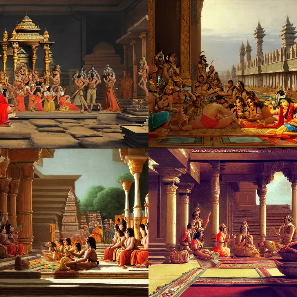 Prompt: an epic scene from the Ramayan, by Canaletto, trending on ArtStation, HD, 8K, highly detailed, good lighting, beautiful, epic, masterpiece, detailed, sharp,