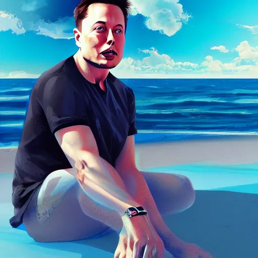 Image similar to elon musk chilling on the beach,digital art,detailed face,artstation,deviantart