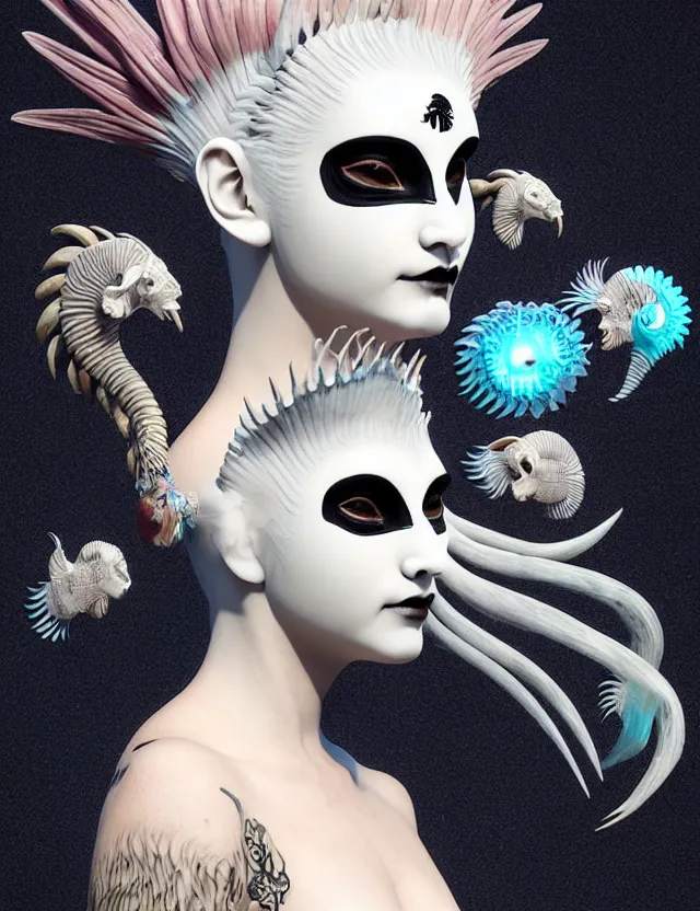 Image similar to 3 d goddess close - up profile simple portrait punk with mohawk with goat skull. beautiful intricately detailed japanese crow kitsune mask and clasical japanese kimono. betta fish, jellyfish phoenix, bio luminescent, plasma, ice, water, wind, creature, artwork by tooth wu and wlop and beeple and greg rutkowski