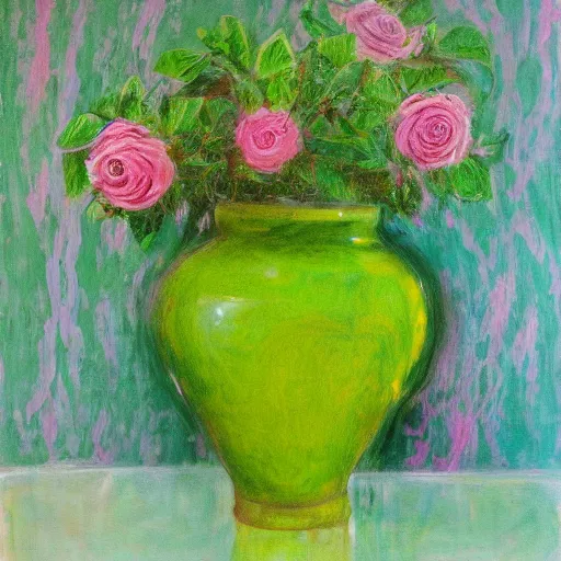 Prompt: abstract yet impressionistic painting of a green marble vase with dying pink roses inside against a green background