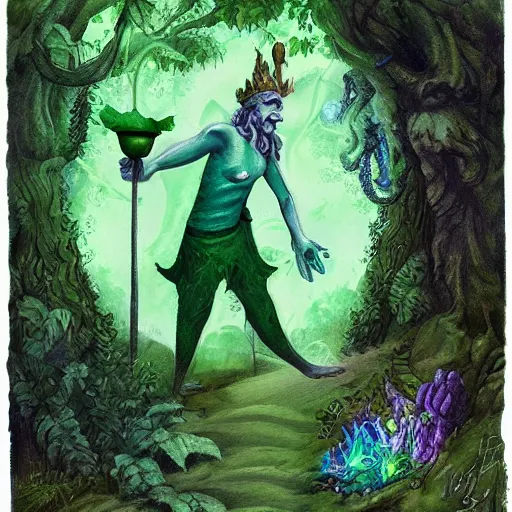 Image similar to a green genie ready to grant wishes deep in the forest, fantasy illustration