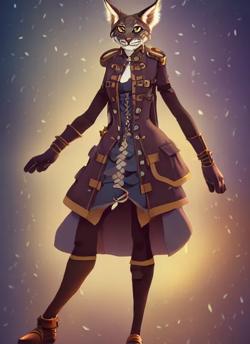 Image similar to wide angle beautiful full body portrait of a strong female anthropomorphic anthro lynx fursona wearing a steampunk dress. character design by disney, anime, manga, charlie bowater, ross tran, artgerm, and makoto shinkai, detailed, soft lighting, rendered in octane