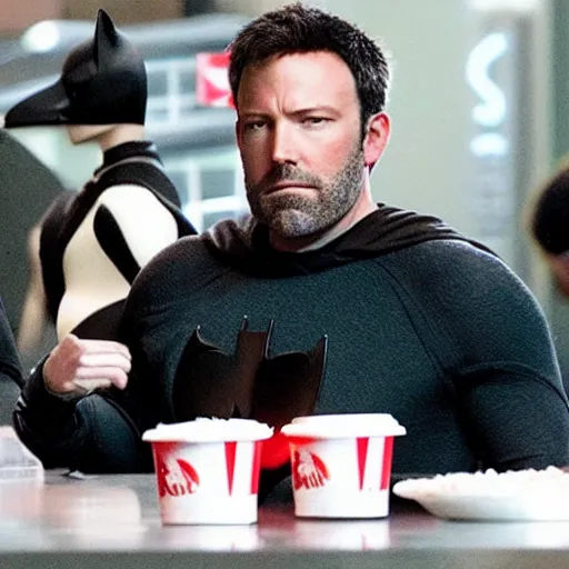 Image similar to A photo of Ben Affleck's Batman eating at KFC. Extremely detailed. Beautiful. 4K. Award-winning