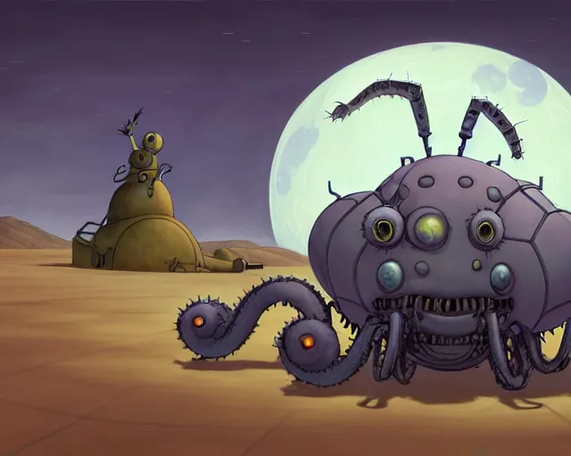 Image similar to a cell shaded cartoon grey lovecraftian mechanized fat spider from howl's moving castle ( 2 0 0 4 ), with a big head, on a desert road, wide shot, in front of a big moon, muted colors, post grunge, josan gonzales, wlop, by james jean, victor ngai, hq, deviantart, art by artgem