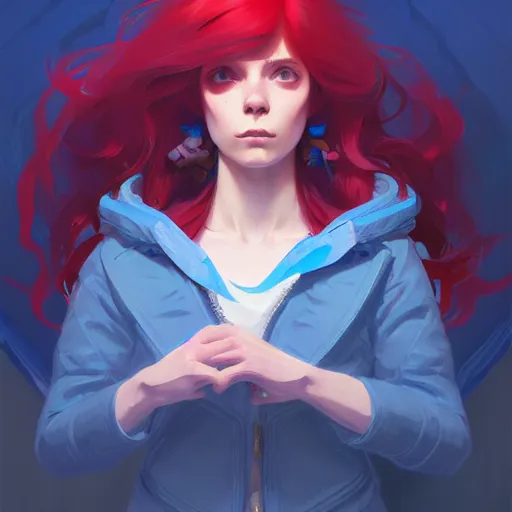 Image similar to madeline from celeste, blue bubble jacket red long hair, highly detailed, digital painting, artstation, concept art, sharp focus, illustration, art by greg rutkowski and alphonse mucha