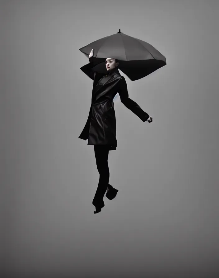 Prompt: high fashion portrait close - up of a lone model posing melodramatically in a slick fashionable zara raincoat jumping floating suspended mid - air over a wet rainy contemporary lighting art installation designed by james turrell, photography shot by steven meisel, dali, wes anderson, lily frank, symmetry, rule of thirds