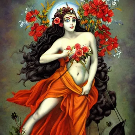 Image similar to persephone as goddess of death and flowers