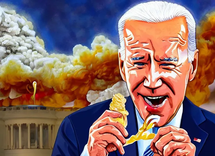 Image similar to cinematic artwork close up of joe biden eating an ice cream with the whitehouse on fire behind him beautiful artwork by rutowski, realistic, 4 k, masterpiece