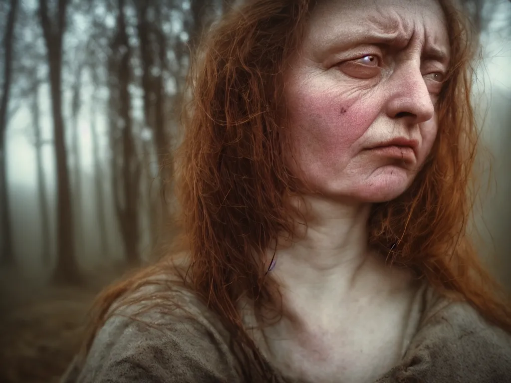 Image similar to close up portrait bust of woman, tired expression, faded color film, russian cinema, tarkovsky, technicolor, heavy forest, wood cabin in distance, shallow depth of field, long brown hair, old clothing, heavy fog, atmospheric haze, brown color palette, sunset, low light, hudson river school, 4 k, dramatic lighting