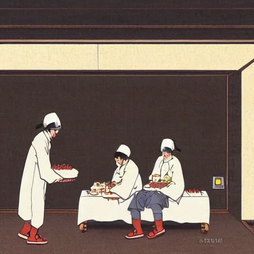 Prompt: chemists in white coats are eating a giant roll, hasui kawase