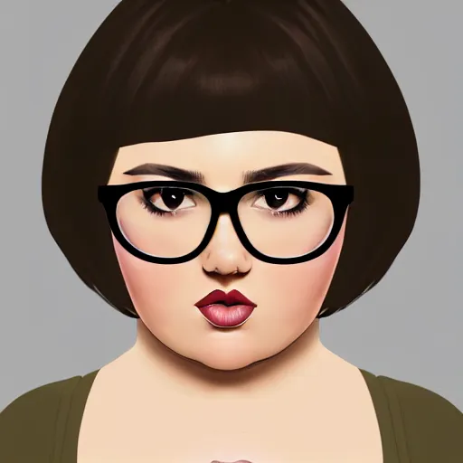 Prompt: chubby curvy 30 year old brunette woman with straight messy hair in a short bob, round face, large glasses, romanian heritage, brown eyes, olive skin, bulbous nose, big chin, wide face, no bangs, digital art, painterly, cartoon, cute, 8k, illustration, trending on artstation, medium shot, head and shoulders