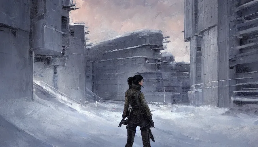 Image similar to a beautiful painting in the style of cedric peyravernay of a snowy landscape overlooked by a female spy in tactical gear, overseeing a large brutalist facility in the distance, award winning art