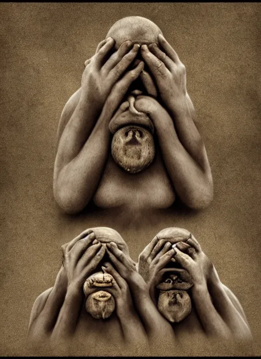 Image similar to three wise monkeys, see no evil, hear no evil, speak no evil, ralph goings, digital art