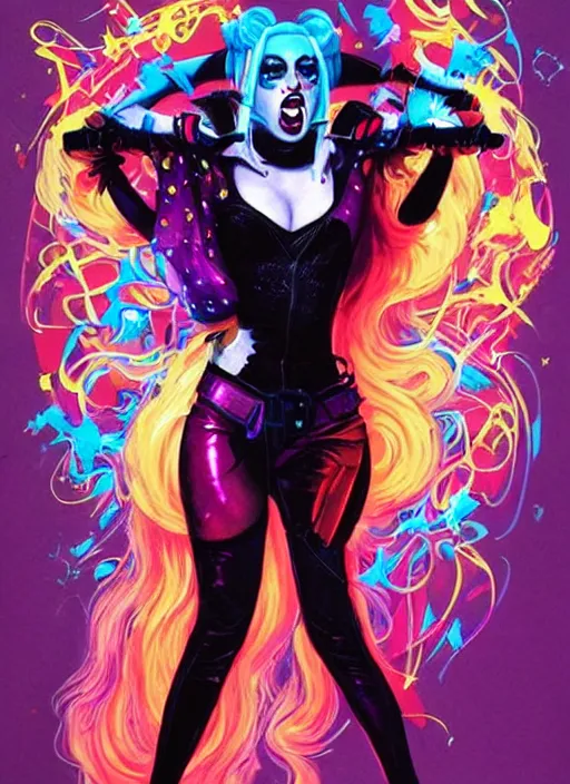 Image similar to beautiful lady gaga as harley quinn, horror, high details, bright colors, vivid, intricate details, by vincent di fate, artgerm julie bell beeple, 1 9 8 0 s, inking, vintage 8 0 s print, screen print