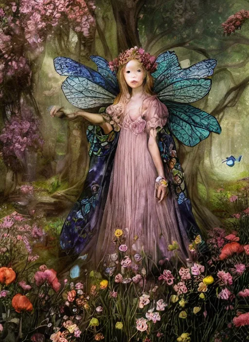 Prompt: breathtaking detailed painting of a little fairy princess in the distance of a luxurious dawnforest, by ayami kojima and brom, gauze rose dress of stained glass floating around, detailed realistyc symmetrical facial features, amalgamation of leaves and flowers, 8 k, concept art, matte, sharp focus, rembrandt style