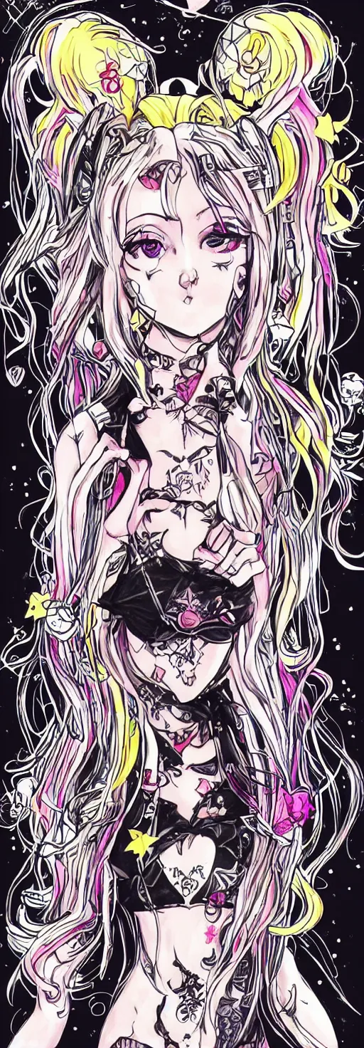 Image similar to Punk Rock Sailor Moon, with tattoos, dark clothing, beautiful portrait painting of an anime girl, cute, blonde hair, symmetrical face, symmetrical eyes, two identical symmetrical eyes, portrait, beautiful girl, artstation, trending on artstation, gorgeous, smooth skin, cutie, long hair, fantasy style, pastel colors , FHD