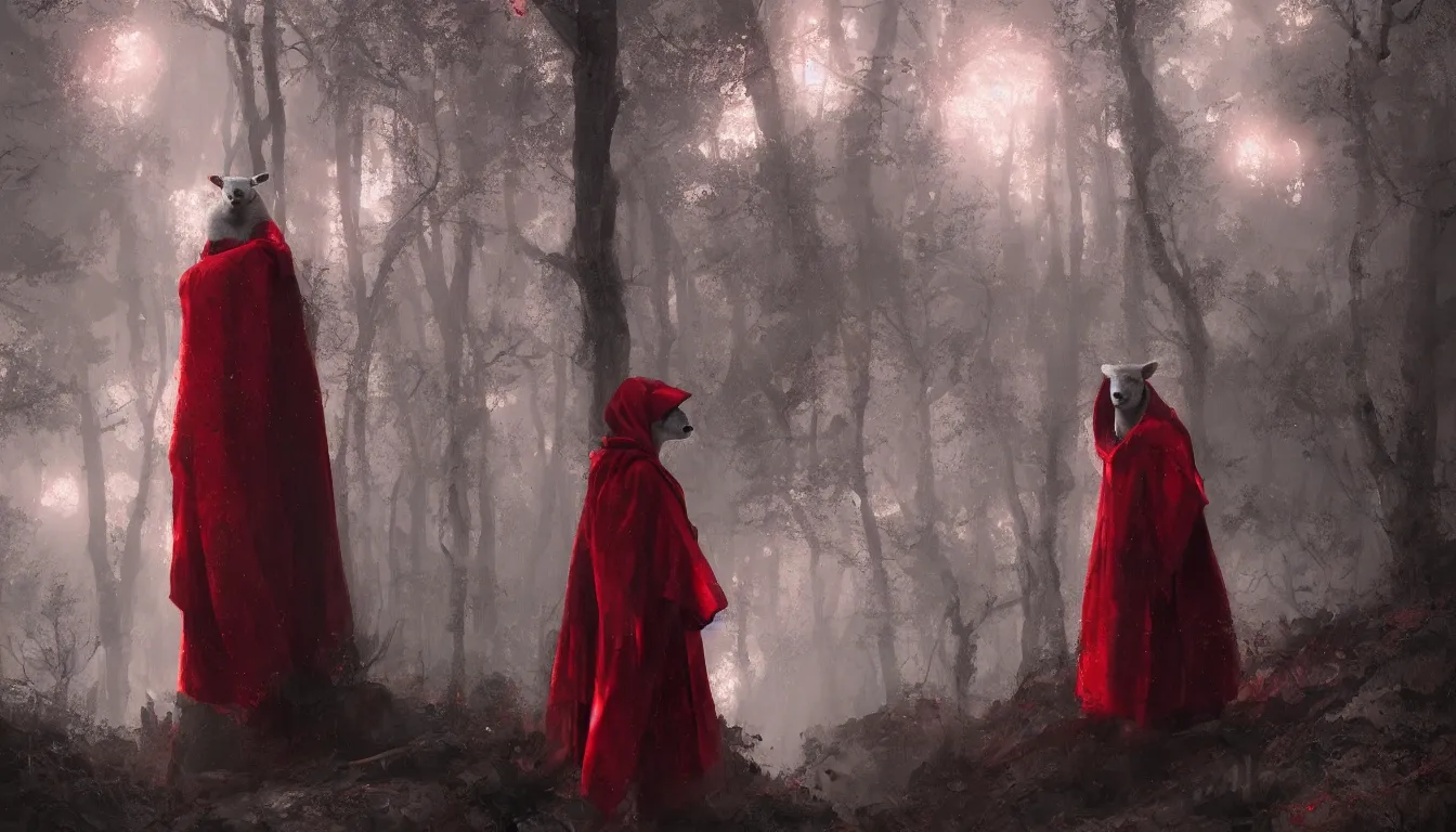 Prompt: a lamb wearing red robes by greg rutkowski, deep colors and dark shadows, night forest background, ambient glow, cultist