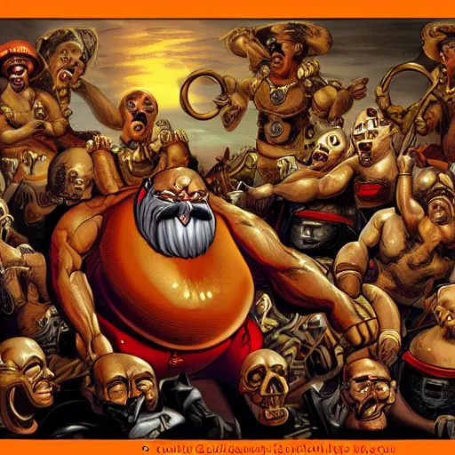 Prompt: a caricature of an angry south-american muscular army passing through a large golden ring, thick mustache, bald, orange skin, pear-shaped skull with the thicker part at the bottom, high-quality digital art