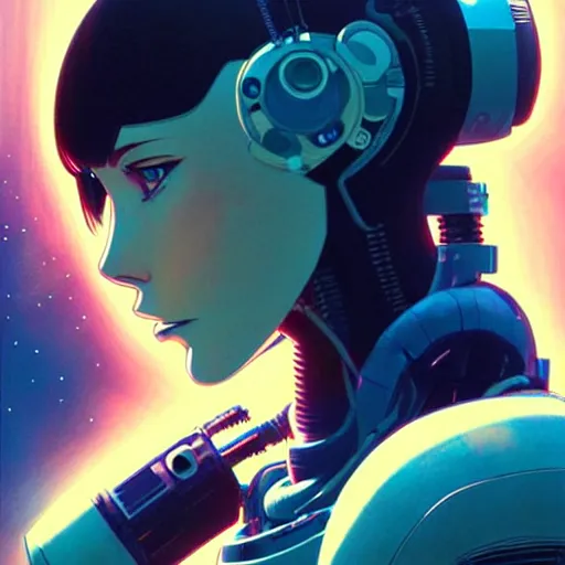 Image similar to side portrait scifi cyborg girl with robotic parts and spacesuit | | head only in center of image, audrey plaza, fine detail!! anime!! realistic shaded lighting!! poster by ilya kuvshinov katsuhiro otomo ghost - in - the - shell, magali villeneuve, artgerm, jeremy lipkin and michael garmash and rob rey