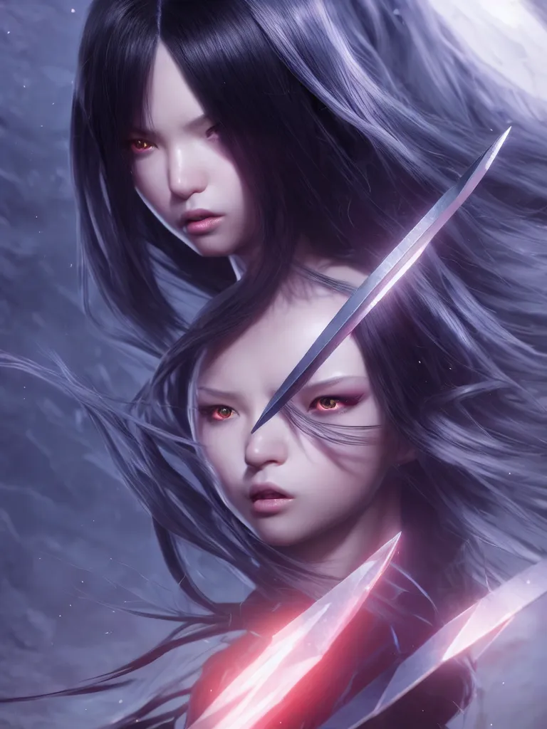 Image similar to extremely beautiful aesthetic ego sword in a shape of girl, black long hair, occlusion shadow, specular reflection, rim light, unreal engine, octane render, artgerm, artstation, art by hiroaki samura and jiro matsumoto and yusuke murata, high quality, highly detailed 8 k, fantasy illustration