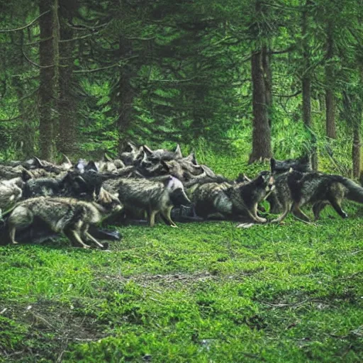 Prompt: a pack of wolves encircling a single green sleeping bag in a forest