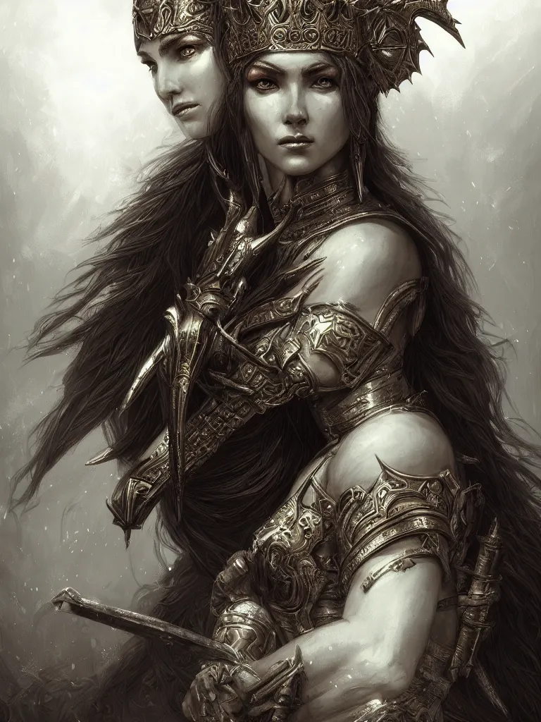 Prompt: a beautiful warrior queen, fantasy, portrait, sharp focus, intricate, elegant, digital painting, artstation, matte, highly detailed, concept art, illustration, ambient lighting, art by gustave dore