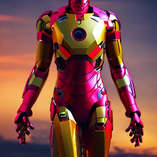 Prompt: orange and pink female iron man suit, 4k realistic photo