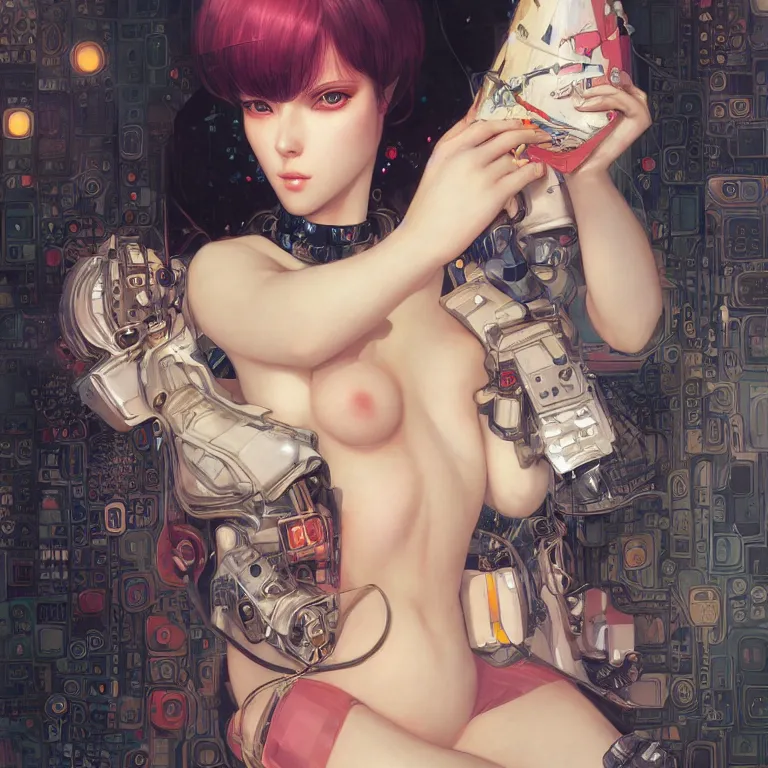 Image similar to portrait of beautiful bimbo, cyberpunk, Warhammer, highly detailed, artstation, illustration, art by Gustav Klimt and Range Murata and Ilya Kuvshinov and Sakimichan