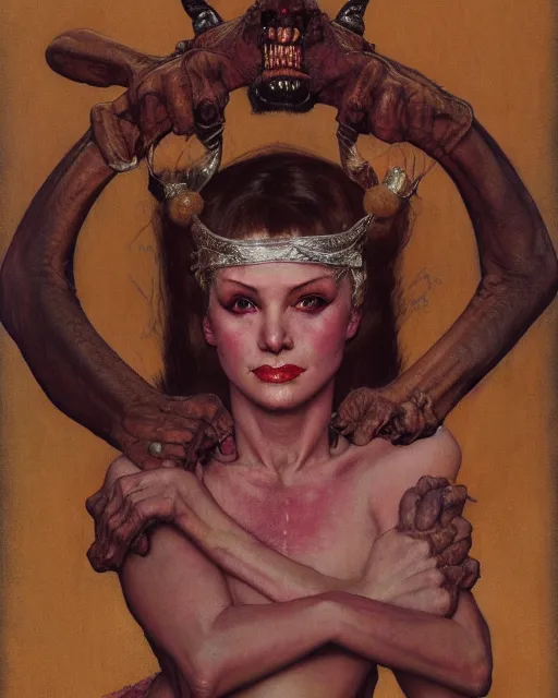 Image similar to portrait of a beautiful savage slaanesh female, by norman rockwell