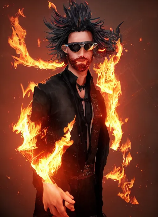 Prompt: An epic fantasy comic book style portrait painting of young man with red spiked long hair, using googles. Wearing a black waistcoat, white shirt. Fire on his hands. Unreal 5, DAZ, hyperrealistic, octane render, cosplay, RPG portrait, dynamic lighting