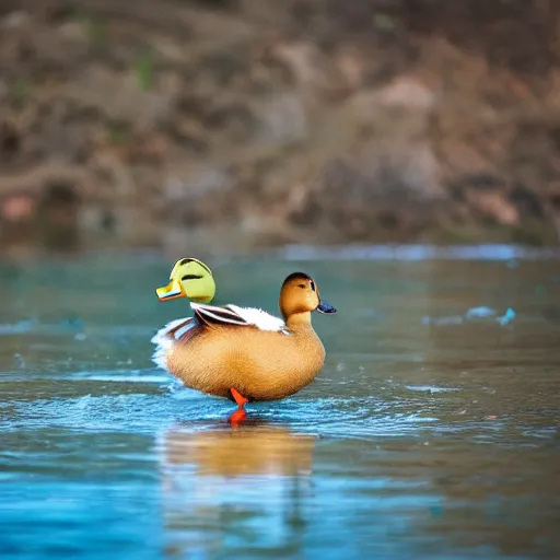 Prompt: duck wearing a fish custome photography 4 k