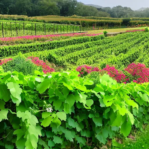 Image similar to flowers and vines creep in a field with a majestic swimming pool