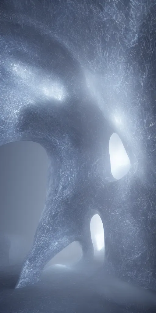 Image similar to interdimensional galaxy portal covered in frost, zaha hadid hyader alive, ice gate, volumetric light, volumetric fog, unreal engine, photorealistic, 8 k