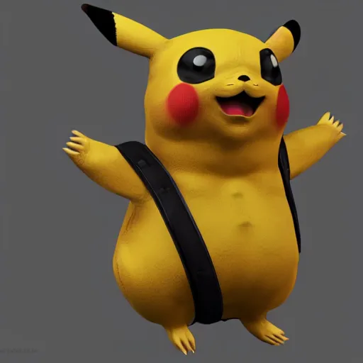 Image similar to 3 d modeled 3 d rendering with specular pbr material of realistic pikachu as a playable character in the videogame dead by daylight holding a chainsaw, pc gpu fov settings, videogame screenshot of pikachus mori animation, dark lighting and heavy fog, playstation 2 graphics