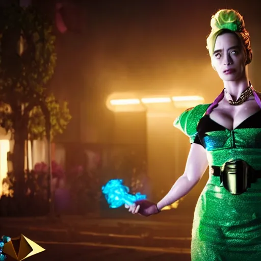 Image similar to cinematic scene with emily blunt as jolyne from jojo's bizarre adventure, live action film, stone ocean, dramatic, small details, volumetric lighting, still frame