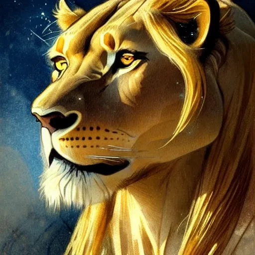 Image similar to highly detailed portrait of a majestic lioness queen as a beautiful woman. d & d, art by anton pieck and greg rutkowski and alphonse mucha and magali villeneuve. trending on artstation, intricate details, energetic composition, golden ratio, concept art, illustration, elegant art