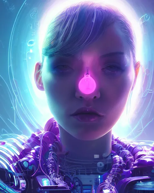 Image similar to portrait of a aesthetic beatiful woman with violet hair as a cyberpunk cyborg with tear drop on face, sci - fi, missing panels, intricate abstract upper body intricate artwork, by tooth wu, wlop, beeple, dan mumford. concept art, octane render, deviantart, greg rutkowski, cinematic, key art, hyperrealism, iridescent accents