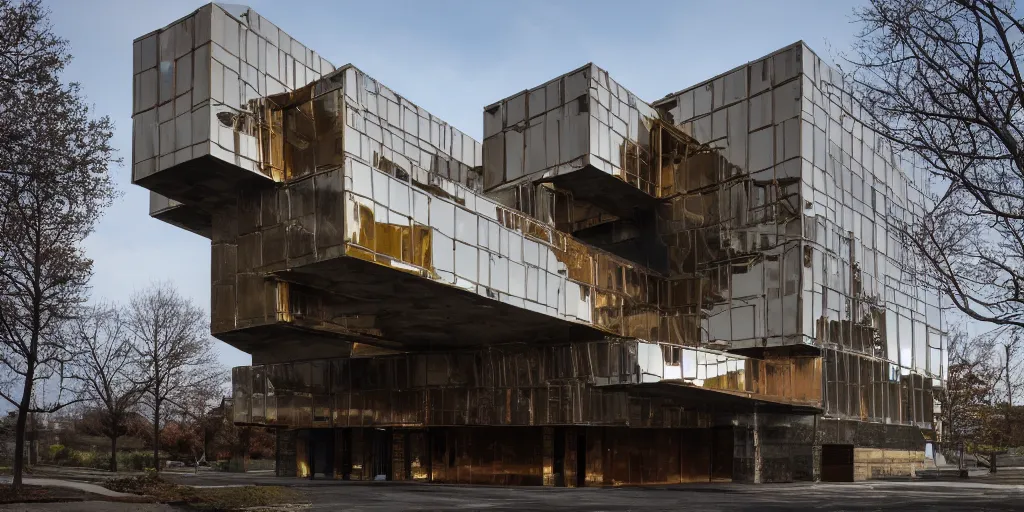 Prompt: wide angle photo of brutalist building made from reflective nickel chrome with copper and gold. highly reflective and shiny. frank loyde wright