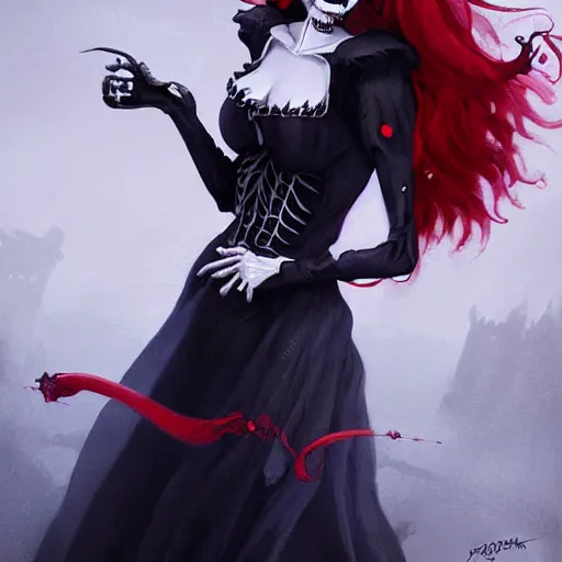 Prompt: cute & beautiful smug smiling undead skeleton girl with red hair dressed as a very attractive witch, elegant, digital art, fantasy, pixar style, painting, pin up, highly detailed, artstation, art by artgerm, vrubel, greg rutkowski, ilya kuvshinov, raymond swanland