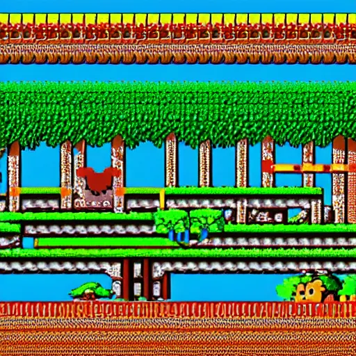 Image similar to detailed screenshot of a forest level in super mario world 2 : yoshi's island ( 1 9 9 5 ) on the super nintendo ( snes ), 1 6 - bit sprites