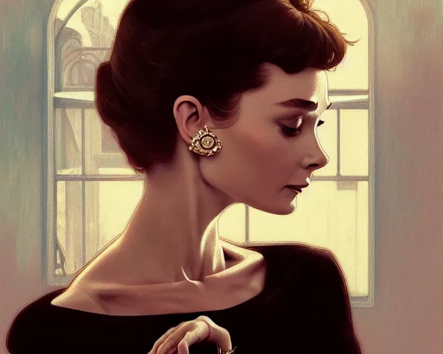 Image similar to photography of audrey hepburn in breakfast at tiffany's, deep focus, intricate, elegant, highly detailed, digital painting, artstation, concept art, matte, sharp focus, illustration, art by artgerm and greg rutkowski and alphonse mucha