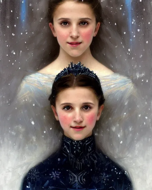 Prompt: a portrait painting of a shy, blushing 1 6 - year old alicia vikander or millie bobby brown as elsa, a princess of the ice and snow, in a snowy setting at night, intricate, elegant, highly detailed, artstation, concept art, by krenz cushart and donato giancola and william adolph bouguereau and alphonse mucha