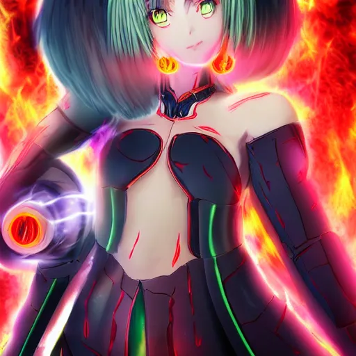 Image similar to portrait focus of a very hot!!! demon 3D anime girl, Obsidian armor wearing, dark volcano background, ash falling, {perfect face}, bokeh, inspired by Masami Kurumada, digital painting, high contrast, unreal engine render, volumetric lighting, high détail