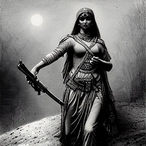 Image similar to marana slavic goddess with ak - 4 7 in six arms in traditional slavic clothes : by gustave dore and greg rutkowski and wlop, mystic high contrast monochromatic noir